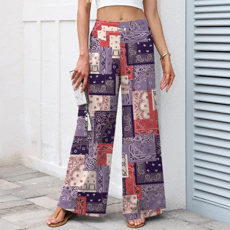 Buddha Stones Pantalones de mujer de algodón y lino con estampado paisley en patchwork, cintura elástica y pernera ancha con bolsillos. - image 6