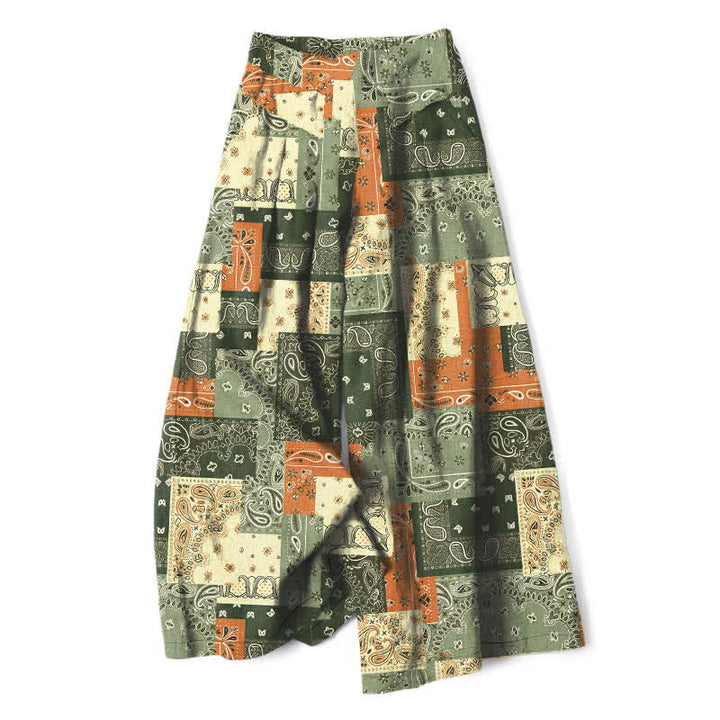 Buddha Stones Pantalones de mujer de algodón y lino con estampado paisley en patchwork, cintura elástica y pernera ancha con bolsillos. - Verde oliva - US16，UK/AU20，EU48 (3XL) - image 7