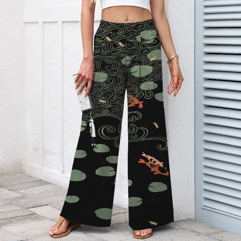 Buddha Stones Pantalones de mujer de algodón y lino con estampado de hojas de loto y peces koi, cintura elástica, perneras anchas y bolsillos. - image 1