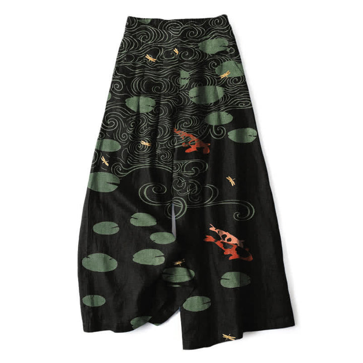 Buddha Stones Pantalones de mujer de algodón y lino con estampado de hojas de loto y peces koi, cintura elástica, perneras anchas y bolsillos. - Negro - US16，UK/AU20，EU48 (3XL) - image 0