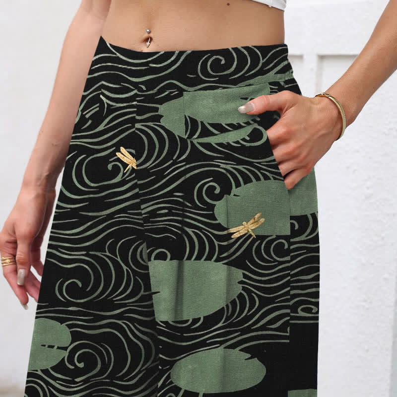 Buddha Stones Pantalones de mujer de algodón y lino con estampado de hojas de loto y peces koi, cintura elástica, perneras anchas y bolsillos. - image 2