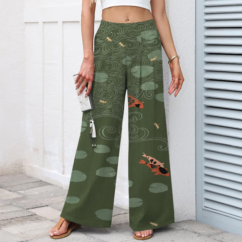 Buddha Stones Pantalones de mujer de algodón y lino con estampado de hojas de loto y peces koi, cintura elástica, perneras anchas y bolsillos. - image 6