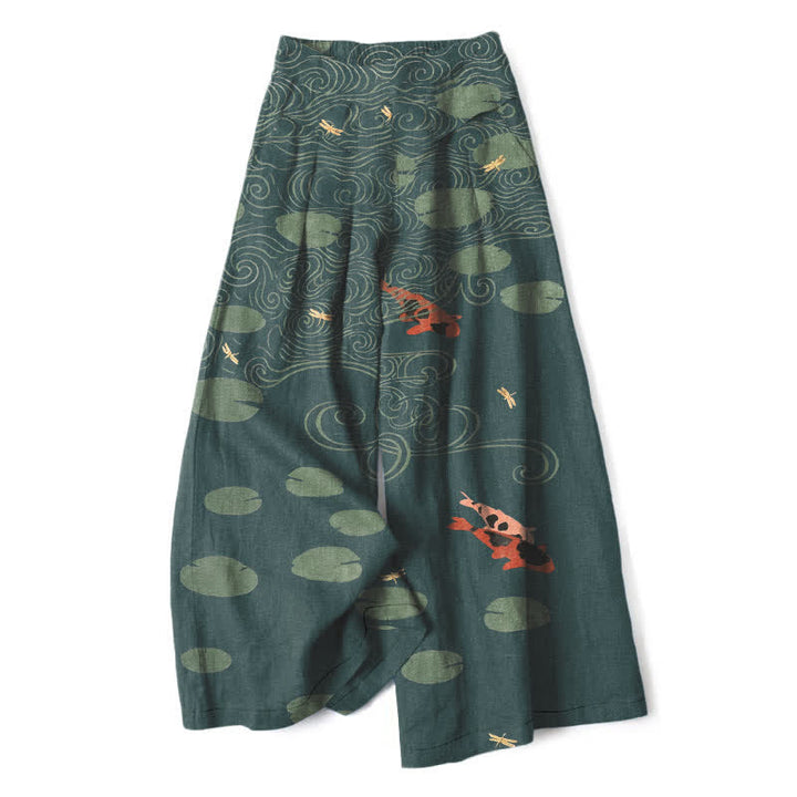 Buddha Stones Pantalones de mujer de algodón y lino con estampado de hojas de loto y peces koi, cintura elástica, perneras anchas y bolsillos. - Verde azulado - US16，UK/AU20，EU48 (3XL) - image 7