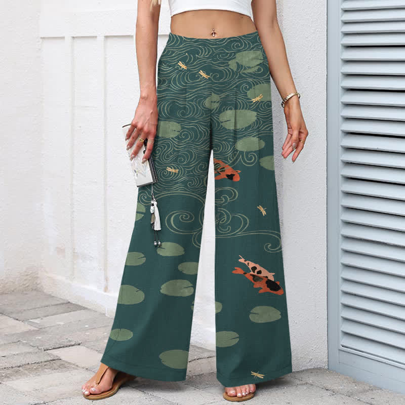 Buddha Stones Pantalones de mujer de algodón y lino con estampado de hojas de loto y peces koi, cintura elástica, perneras anchas y bolsillos. - image 8