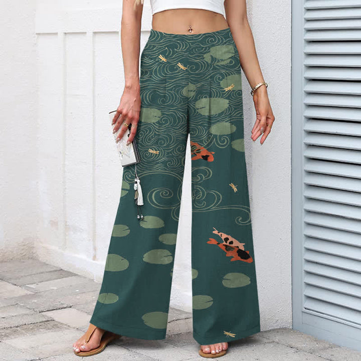 Buddha Stones Pantalones de mujer de algodón y lino con estampado de hojas de loto y peces koi, cintura elástica, perneras anchas y bolsillos. - image 8