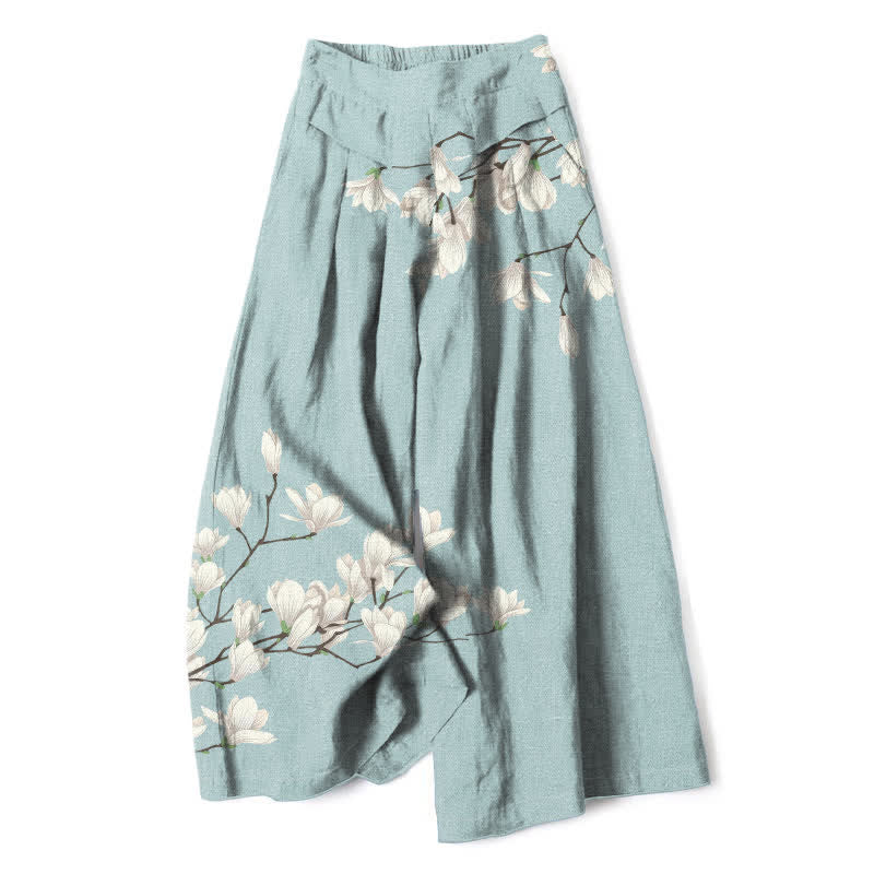 Buddha Stones Pantalones de mujer de lino y algodón con estampado floral vintage, cintura elástica, pernera ancha y bolsillos. - Turquesa pálido - US16，UK/AU20，EU48 (3XL) - image 0