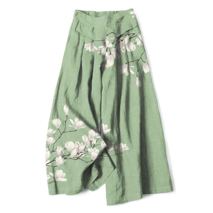 Buddha Stones Pantalones de mujer de lino y algodón con estampado floral vintage, cintura elástica, pernera ancha y bolsillos. - Verde pálido - US16，UK/AU20，EU48 (3XL) - image 5