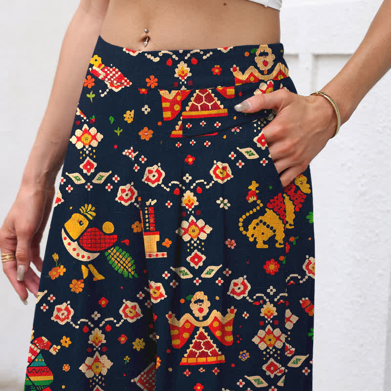 Buddha Stones Pantalones de mujer de algodón y lino con estampado geométrico bohemio, cintura elástica y pernera ancha con bolsillos. - image 2