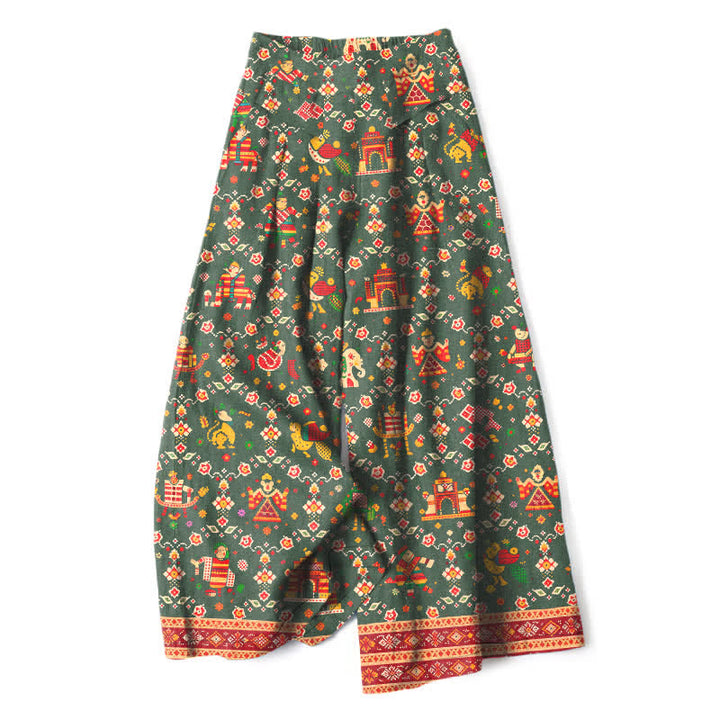 Buddha Stones Pantalones de mujer de algodón y lino con estampado geométrico bohemio, cintura elástica y pernera ancha con bolsillos. - Verde oliva oscuro - US16，UK/AU20，EU48 (3XL) - image 5