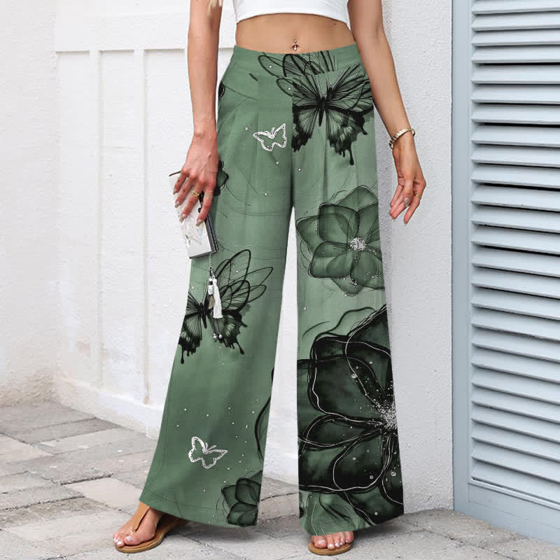 Buddha Stones Pantalones de mujer de algodón y lino con estampado floral de mariposas, cintura elástica y pernera ancha con bolsillos. - image 1