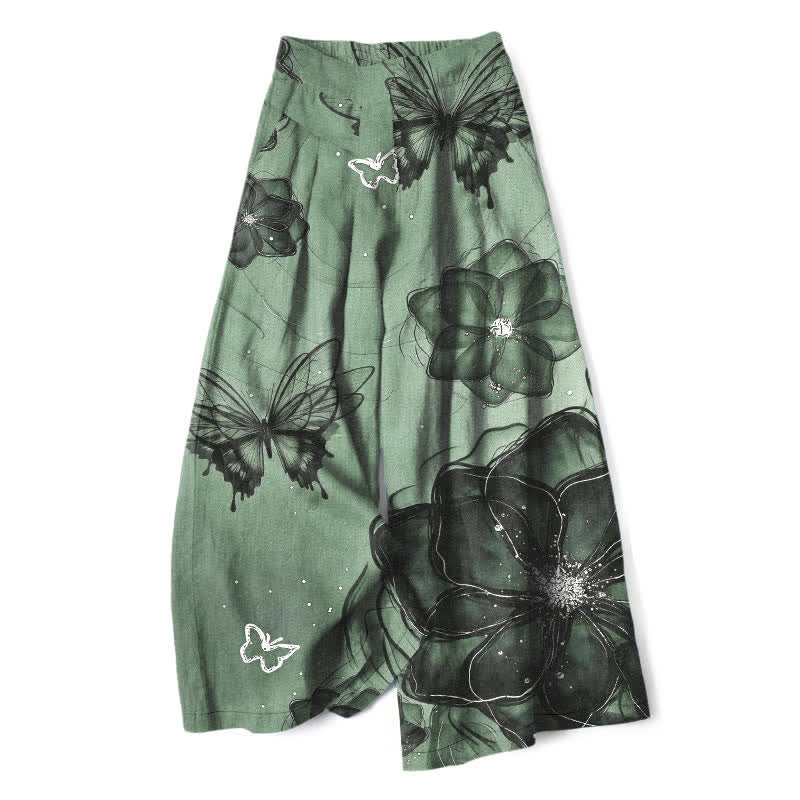 Buddha Stones Pantalones de mujer de algodón y lino con estampado floral de mariposas, cintura elástica y pernera ancha con bolsillos. - Aguamarina medio - US16，UK/AU20，EU48 (3XL) - image 0