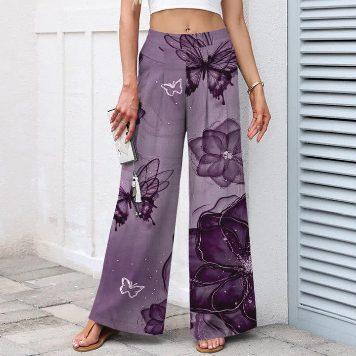 Buddha Stones Pantalones de mujer de algodón y lino con estampado floral de mariposas, cintura elástica y pernera ancha con bolsillos. - image 6