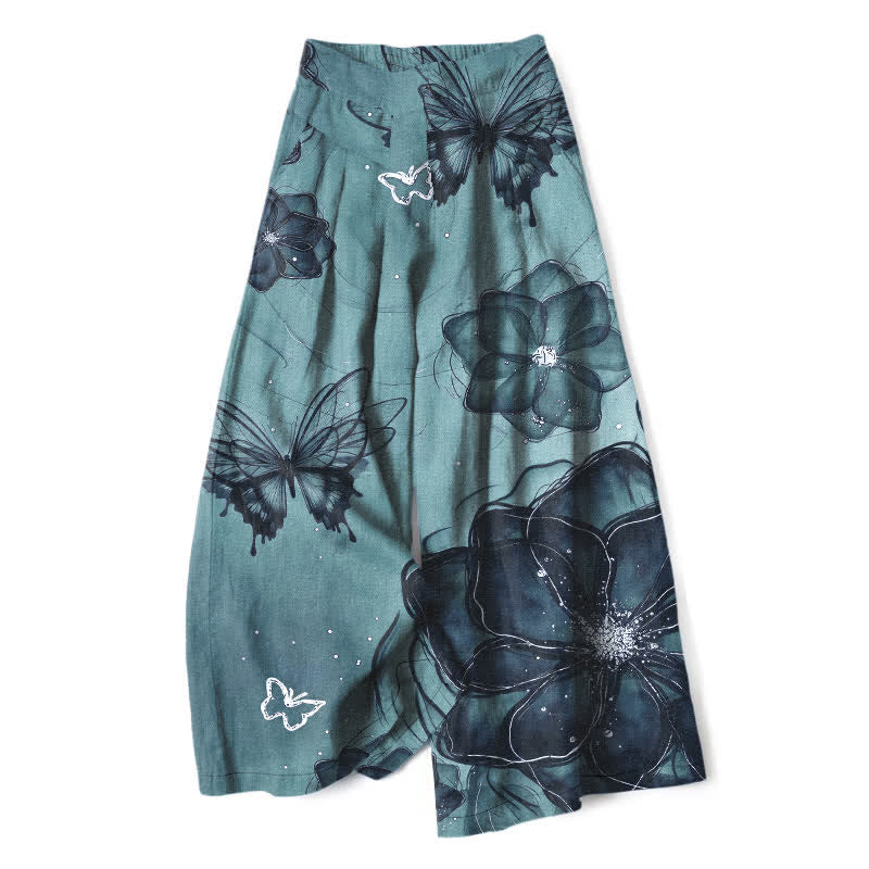 Buddha Stones Pantalones de mujer de algodón y lino con estampado floral de mariposas, cintura elástica y pernera ancha con bolsillos. - Turquesa medio - US16，UK/AU20，EU48 (3XL) - image 7