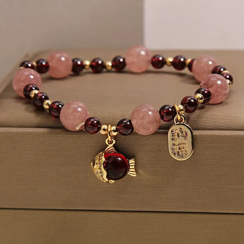 Buddha Stones Pulsera curativa con granate, cuarzo fresa y pez koi, personaje Fu. - image 1