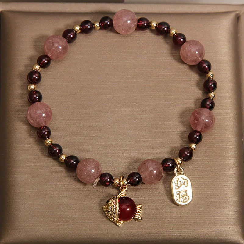 Buddha Stones Pulsera curativa con granate, cuarzo fresa y pez koi, personaje Fu. - image 3