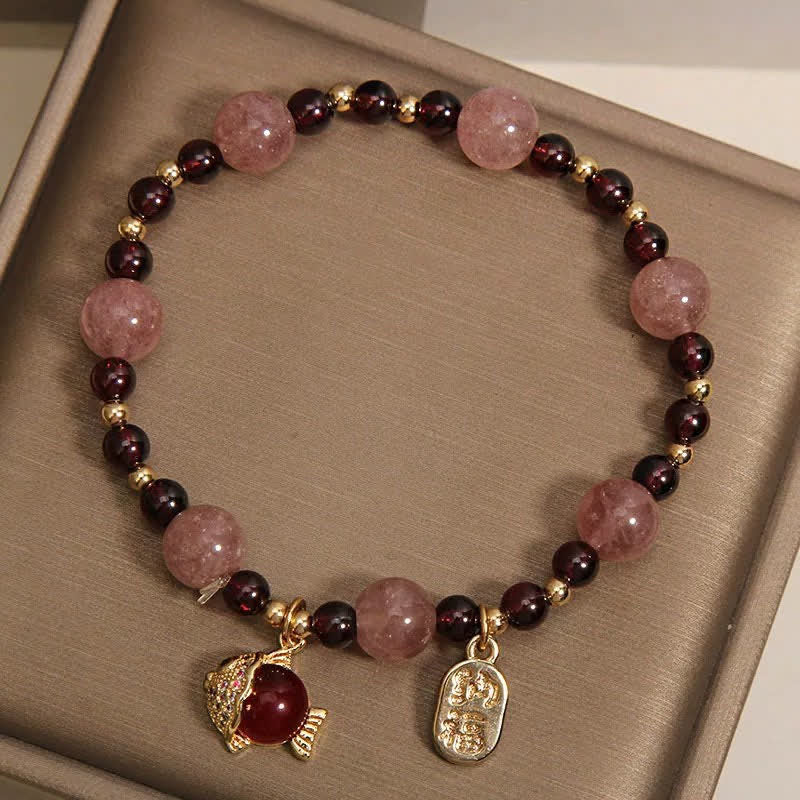 Buddha Stones Pulsera curativa con granate, cuarzo fresa y pez koi, personaje Fu. - image 4