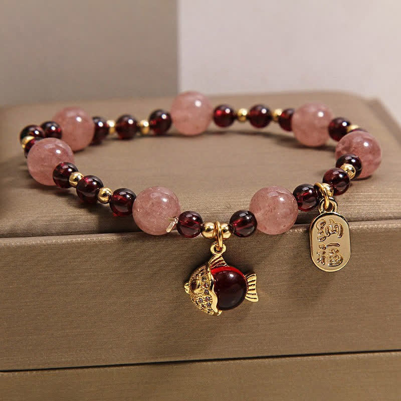 Buddha Stones Pulsera curativa con granate, cuarzo fresa y pez koi, personaje Fu. - image 2