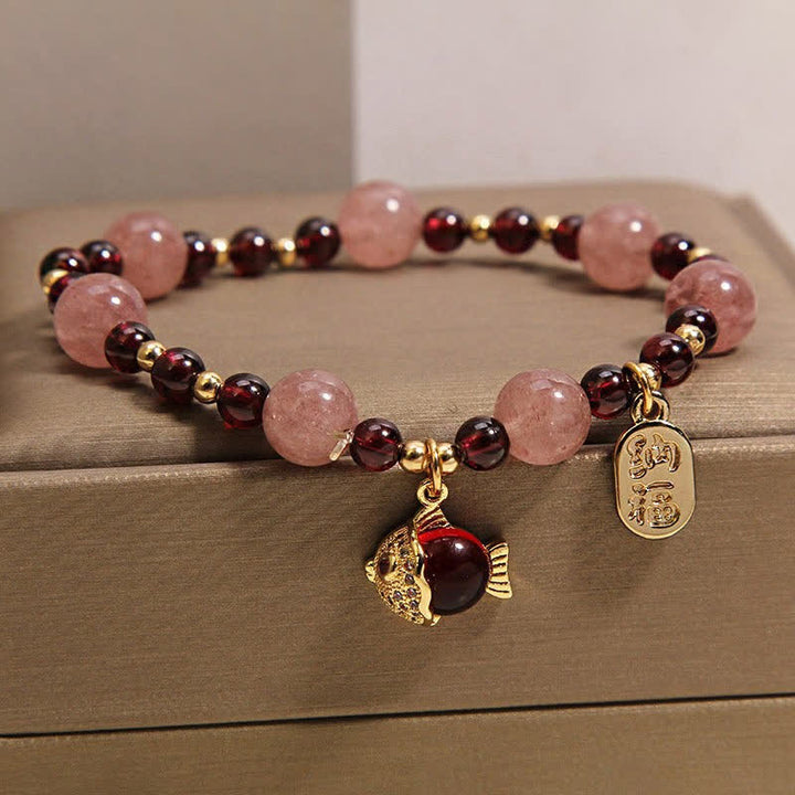 Buddha Stones Pulsera curativa con granate, cuarzo fresa y pez koi, personaje Fu. - image 2