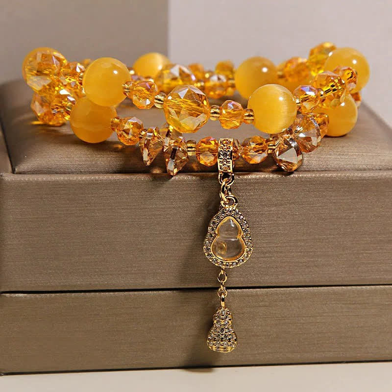 Buddha Stones Pulsera de cuentas de doble capa con colgante de calabaza ojo de gato - Ojo de gato amarillo - image 5