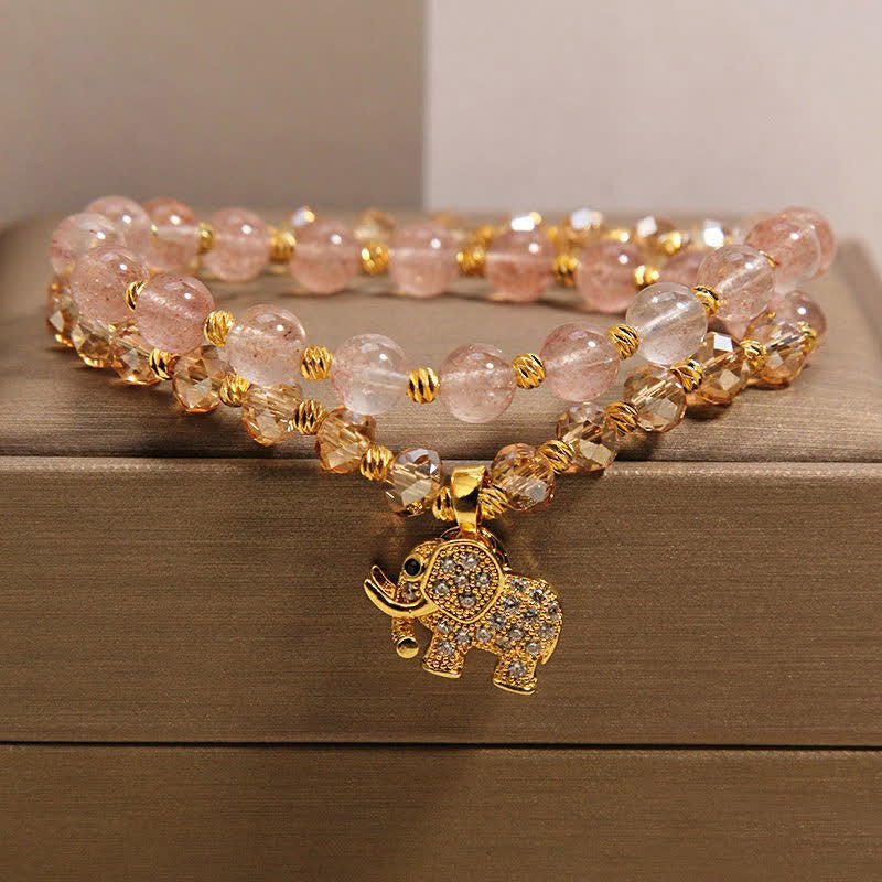 Buddha Stones Pulsera curativa de elefante con cuarzo fresa de doble vuelta - Elefante (Fuerza ♥ Sabiduría) - image 0