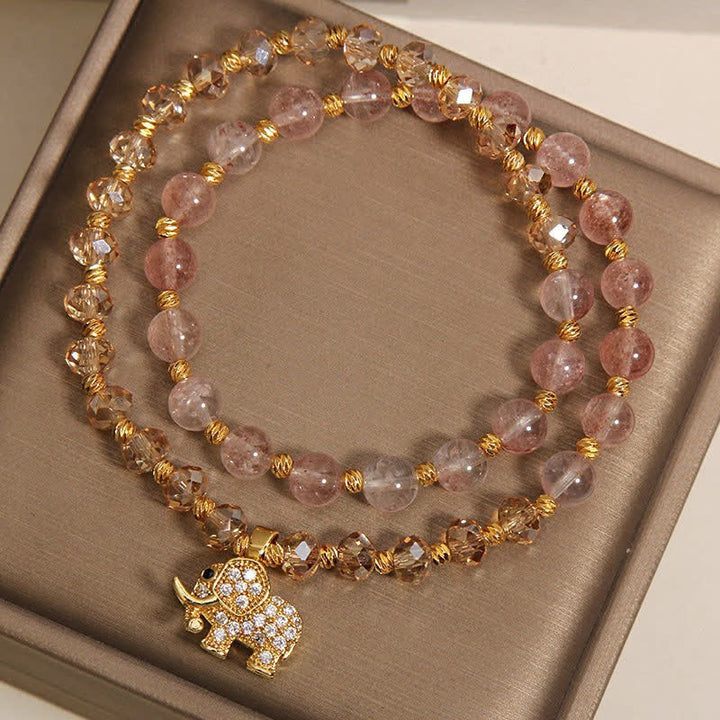 Buddha Stones Pulsera curativa de elefante con cuarzo fresa de doble vuelta - image 4