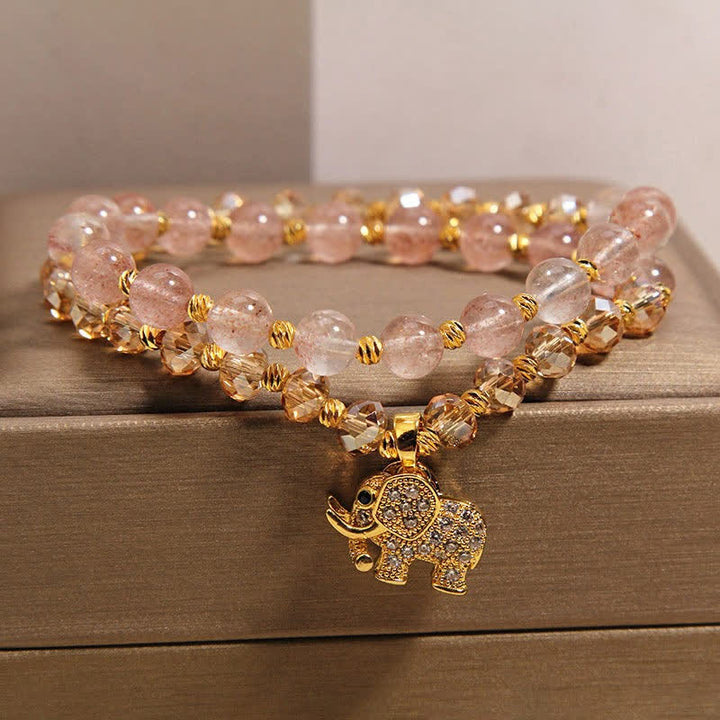 Buddha Stones Pulsera curativa de elefante con cuarzo fresa de doble vuelta - image 1
