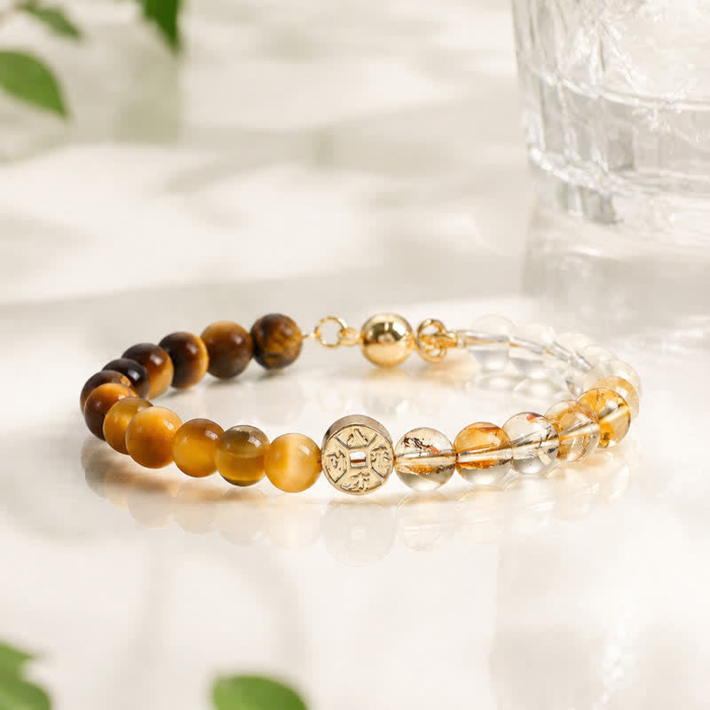 Buddha Stones Pulsera de la felicidad con monedas de cobre y piedra natural ojo de tigre y carácter Fu - image 1
