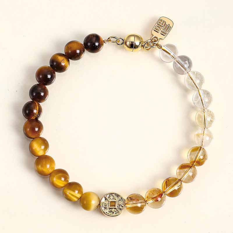 Buddha Stones Pulsera de la felicidad con monedas de cobre y piedra natural ojo de tigre y carácter Fu - Ojo de Tigre (Confianza ♥ Enfoque) - image 0