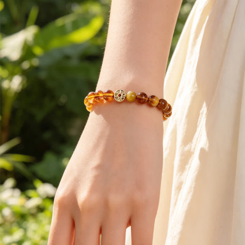 Buddha Stones Pulsera de la felicidad con monedas de cobre y piedra natural ojo de tigre y carácter Fu - image 3