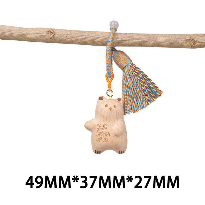 Buddha Stones Llaveros con borla de gato de la suerte, tallados a mano en madera clara. - Oso de peluche azul mirando hacia la izquierda - image 31