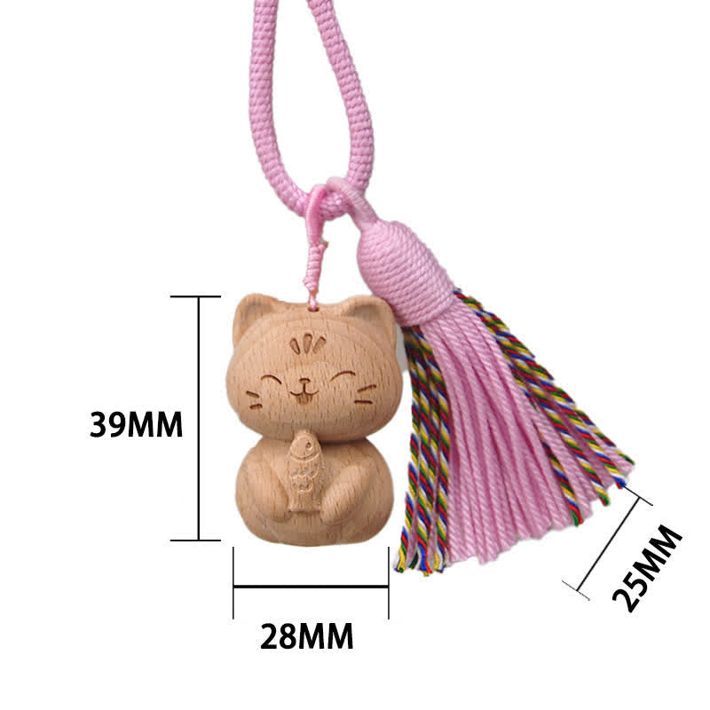 Buddha Stones Llaveros con borla de gato de la suerte, tallados a mano en madera clara. - Gato rosa comiendo pescado - image 10