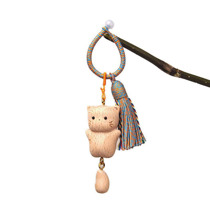 Buddha Stones Llaveros con borla de gato de la suerte, tallados a mano en madera clara. - Gato azul en forma de lágrima - image 18