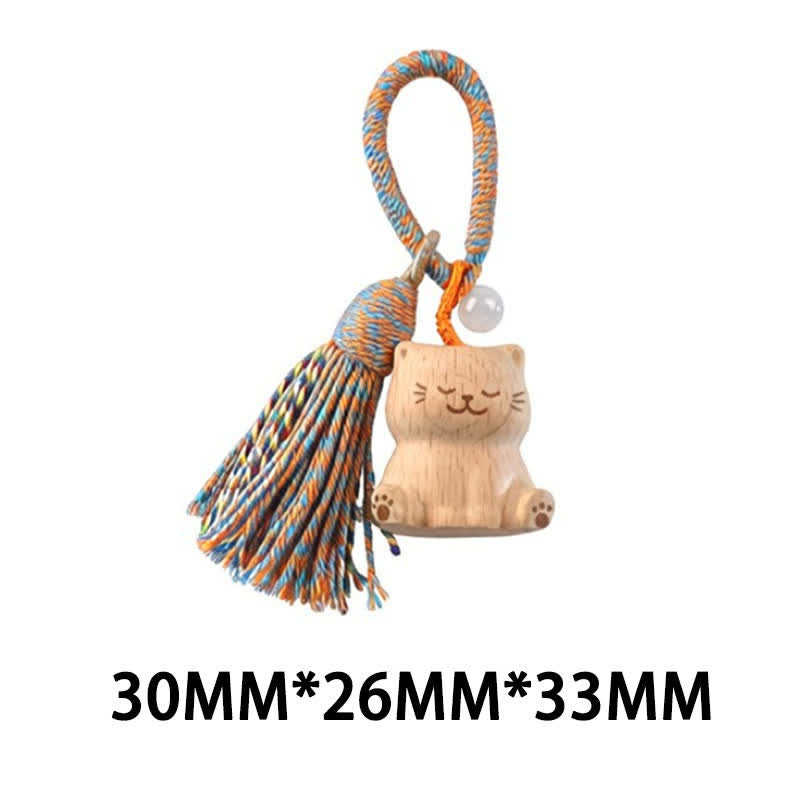Buddha Stones Llaveros con borla de gato de la suerte, tallados a mano en madera clara. - Gato azul sentado - image 39