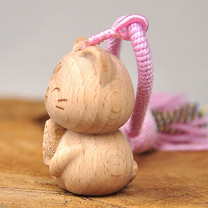 Buddha Stones Llaveros con borla de gato de la suerte, tallados a mano en madera clara. - image 12