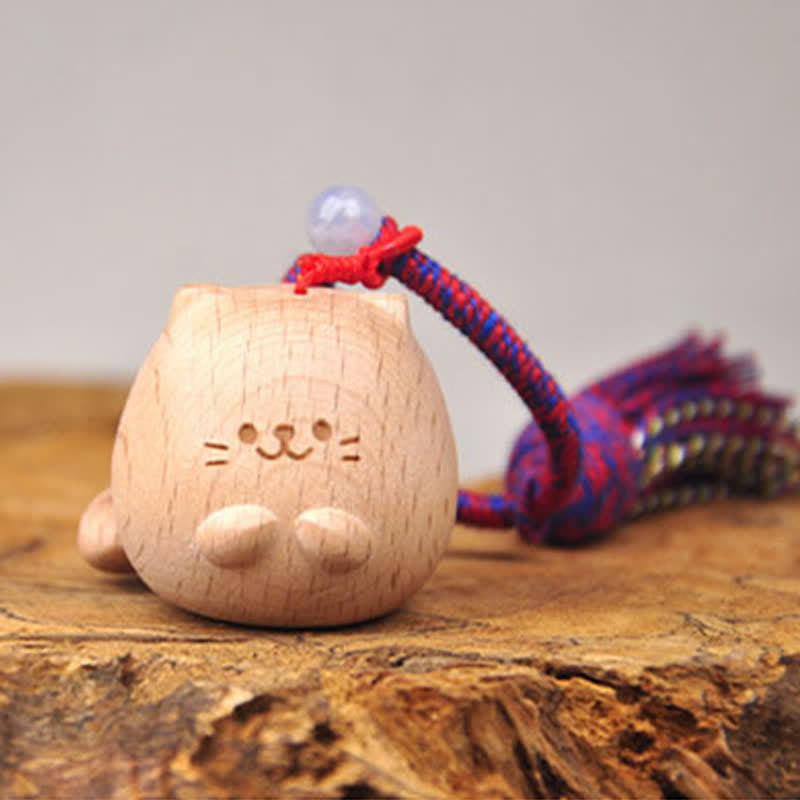 Buddha Stones Llaveros con borla de gato de la suerte, tallados a mano en madera clara. - image 4