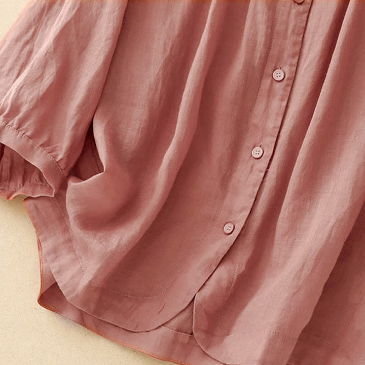 Camisa de manga tres cuartos para mujer con diseño de cuello redondo y botones lisos con estampado de Buddha Stones. - image 8