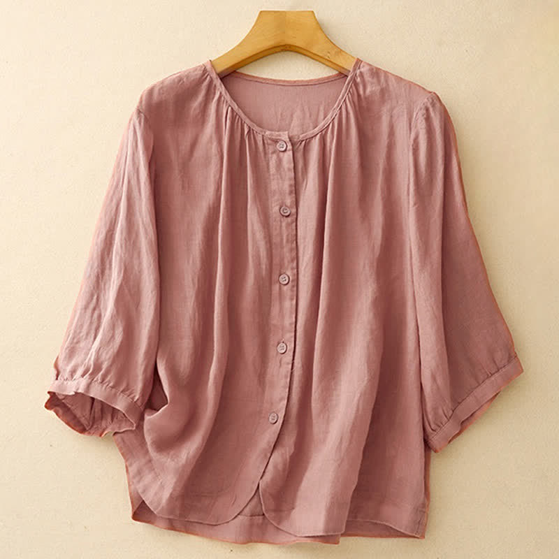Camisa de manga tres cuartos para mujer con diseño de cuello redondo y botones lisos con estampado de Buddha Stones. - Rojo violeta pálido - US12, UK/AU16, EU44 (2XL) - image 6