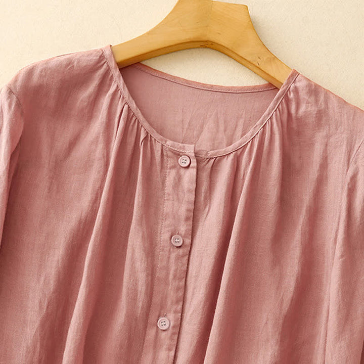 Camisa de manga tres cuartos para mujer con diseño de cuello redondo y botones lisos con estampado de Buddha Stones. - image 7