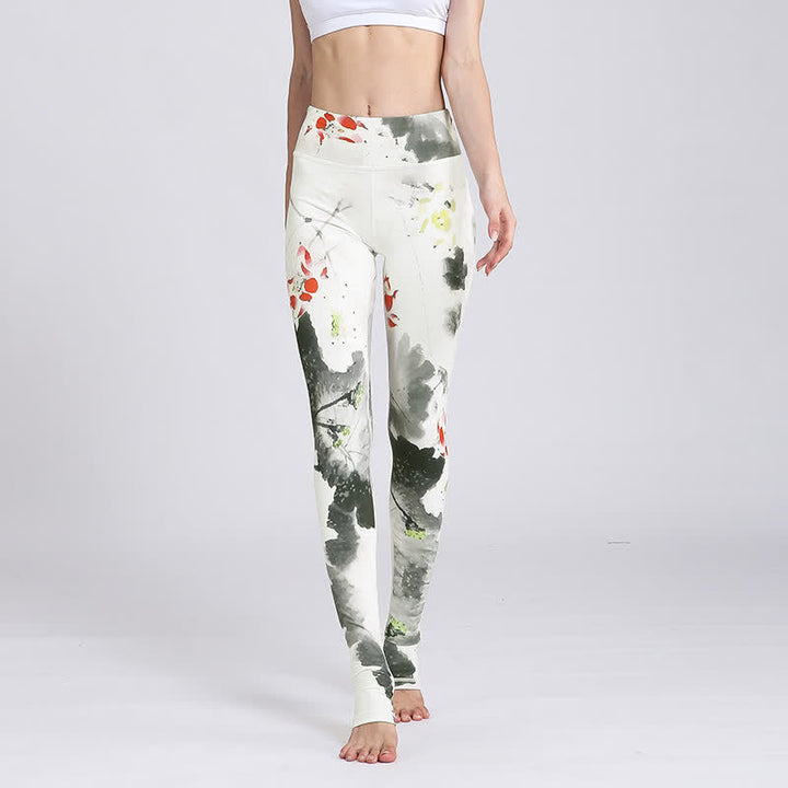 Pantalones deportivos con estampado de flores de loto y Buddha Stones, leggings de yoga para mujer. - Loto de tinta blanca - US8-10, UK/AU12-14, EU40-42 (XL) - image 26
