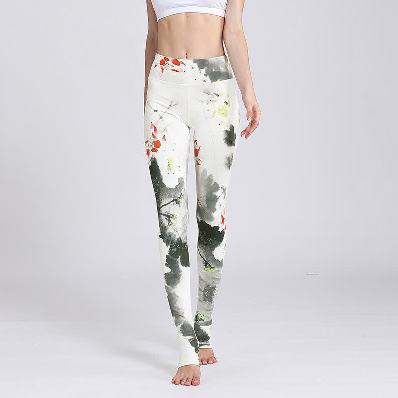 Pantalones de diseño con estampado de flores de loto y Buddha Stones, mallas deportivas para Yoga y Fitness, pantalones de Yoga para mujer - Loto de tinta blanca - US8-10, UK/AU12-14, EU40-42 (XL) - image 26