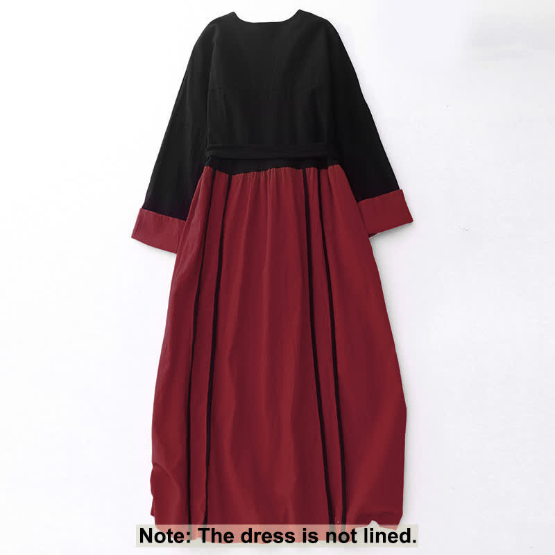 Vestido midi de manga larga para mujer con diseño de bloques de color y estampado de Buddha Stones, con cordones y bolsillos. - image 1