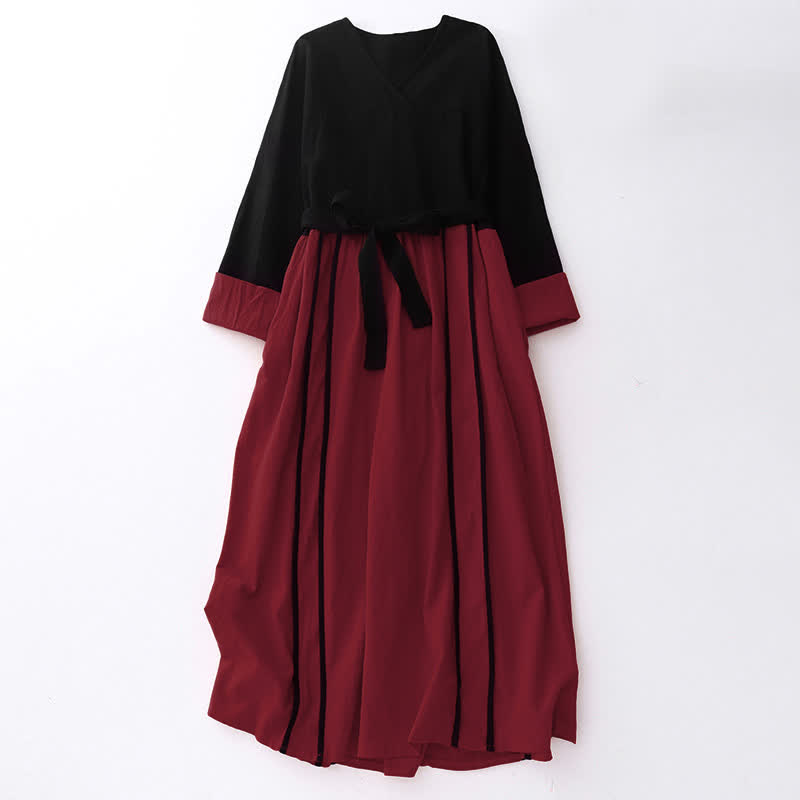 Vestido midi de manga larga para mujer con diseño de bloques de color y estampado de Buddha Stones, con cordones y bolsillos. - Carmesí - US8-10，UK/AU12-14，EU40-42 (2XL) - image 0