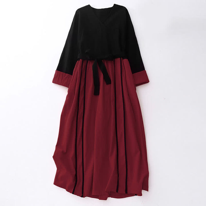 Vestido midi de manga larga para mujer con diseño de bloques de color y estampado de Buddha Stones, con cordones y bolsillos. - Carmesí - US8-10，UK/AU12-14，EU40-42 (2XL) - image 0