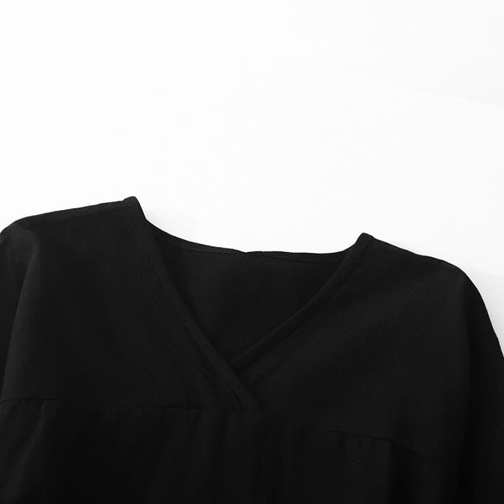 Vestido midi de manga larga para mujer con diseño de bloques de color y estampado de Buddha Stones, con cordones y bolsillos. - image 2