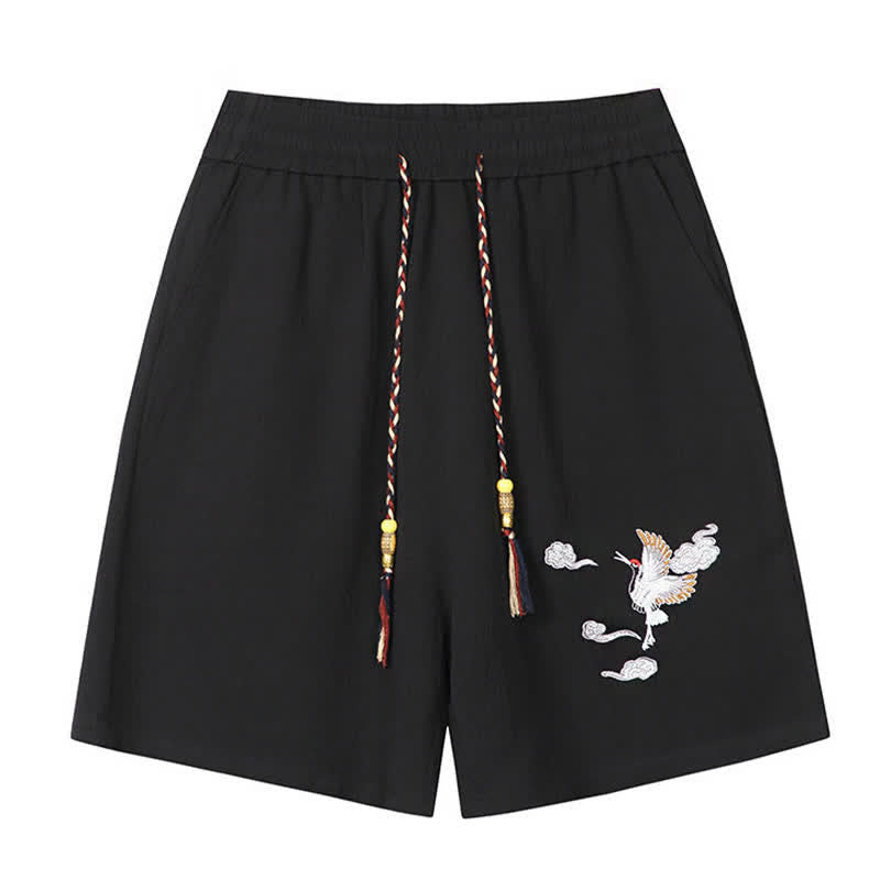 Buddha Stones Pantalones cortos de verano informales estilo Tang con bordado de grulla y nubes auspiciosas para hombre, con bolsillos. - image 2