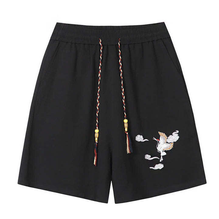 Buddha Stones Pantalones cortos de verano informales estilo Tang con bordado de grulla y nubes auspiciosas para hombre, con bolsillos. - image 2