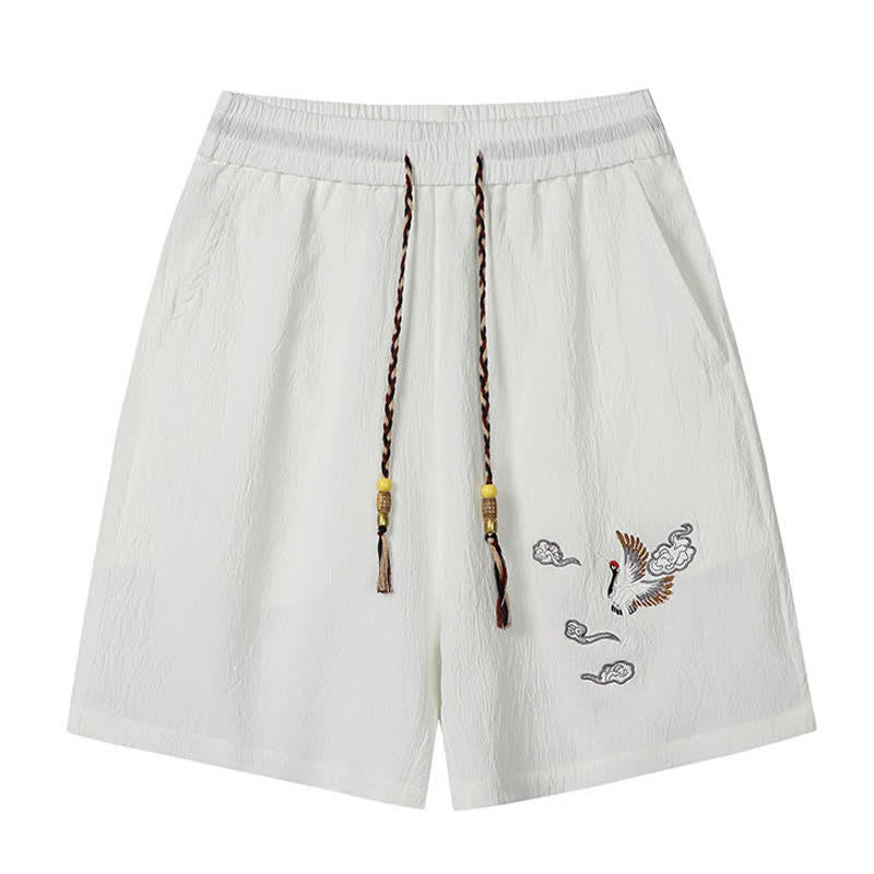 Buddha Stones Pantalones cortos de verano informales estilo Tang con bordado de grulla y nubes auspiciosas para hombre, con bolsillos. - image 6
