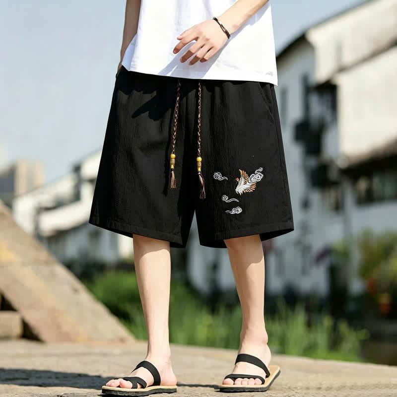 Buddha Stones Pantalones cortos de verano informales estilo Tang con bordado de grulla y nubes auspiciosas para hombre, con bolsillos. - Negro - US/UK/AU48, EU58 (6XL) - image 0