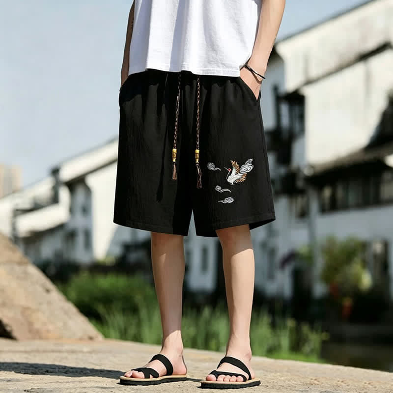 Buddha Stones Pantalones cortos de verano informales estilo Tang con bordado de grulla y nubes auspiciosas para hombre, con bolsillos. - image 1