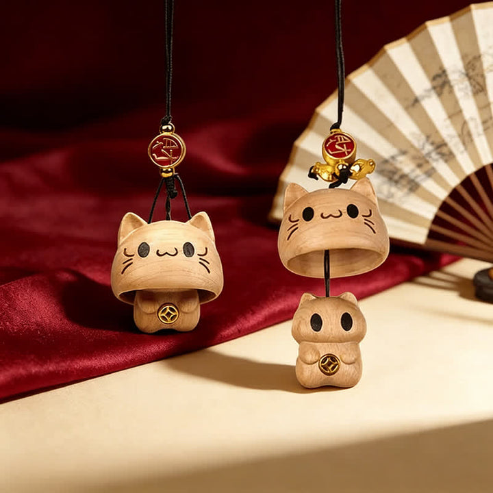 Buddha Stones Llaveros de madera de durazno natural tallada con forma de gato en equilibrio. - image 2